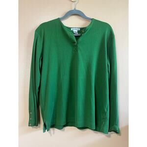 Rebecca Malone Womens L Kelly Green Ribbed Henley Snap Cuff Long Sleeve Top